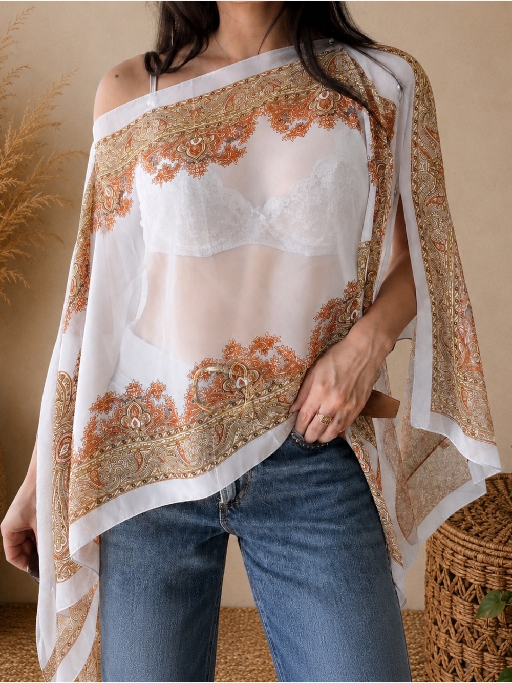 Off Shoulder Boho Poncho w/ Pearls White & Gold Festival Flowy Fairy One Size